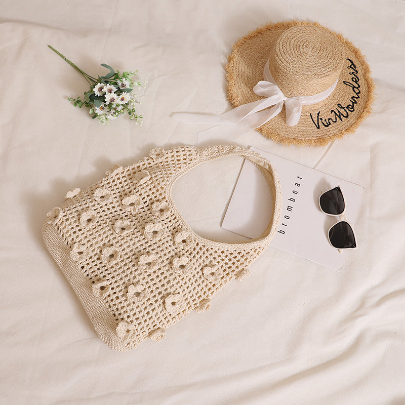 Fresh Three-dimensional Flower Cotton Thread Woven Hollow Women's Shoulder Bag