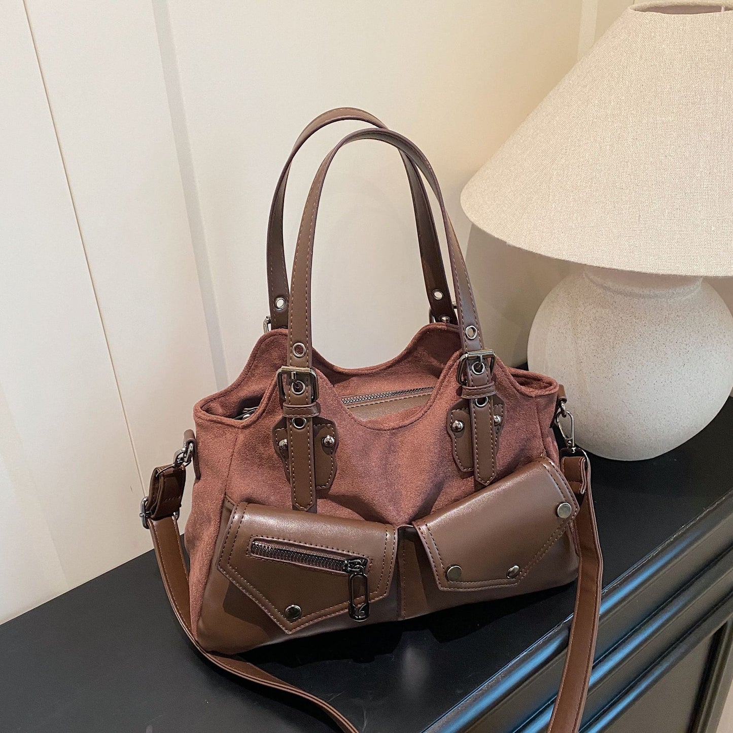 Minority Motorcycle Suede Contrast Color Commuter Western Style Women's Messenger Bag