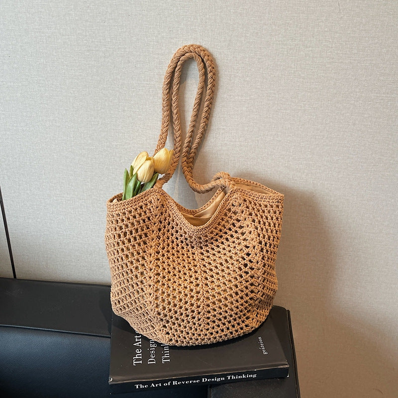 Women's Large Capacity Cotton Thread Woven Hollow Straw Idle Style Women's Shoulder Bag