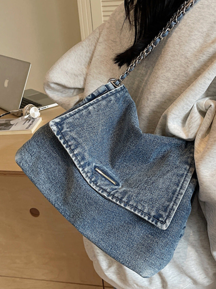 Korean Style Chain Large Capacity Denim College Shopping Tote Bags