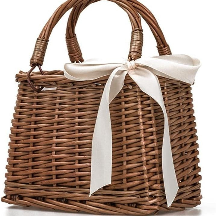 Willow Basket Rattan Portable Ribbon Pear Women's Handbag