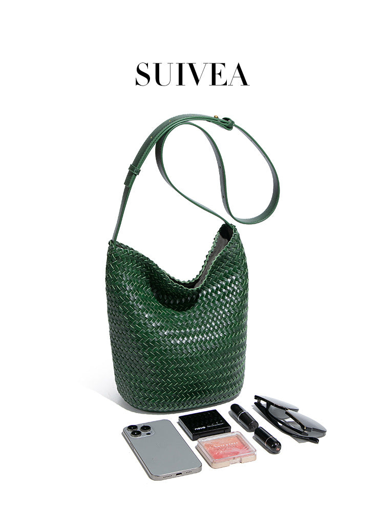 Women's Korean Style Simple Underarm Retro Trendy Woven Bucket Bags