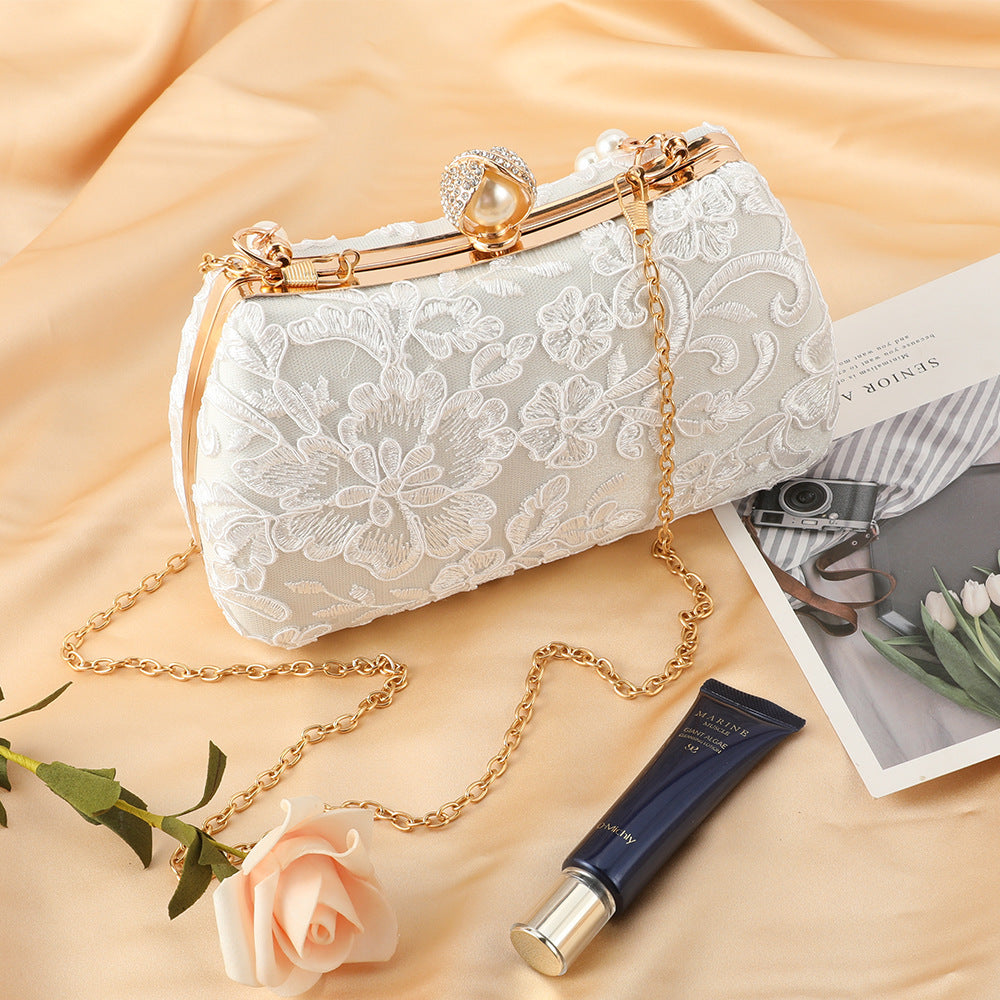 Women's Flower Pure White Sachet Wedding Dress Pearl Dinner Bag