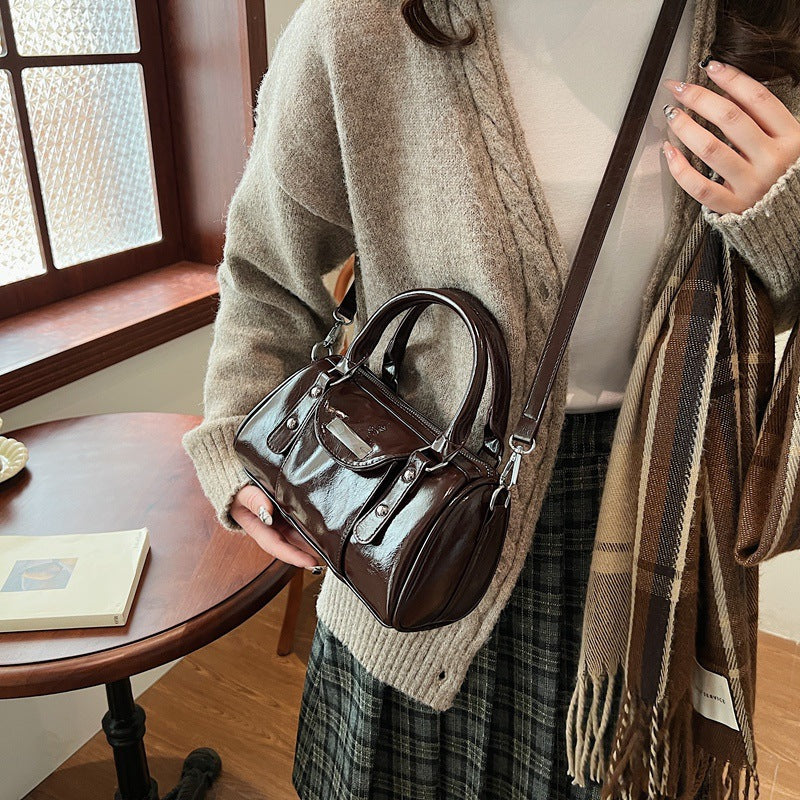 Women's Korean Style Wax Oil Leather High-grade Cylinder Simple Fashion Small Square Bag