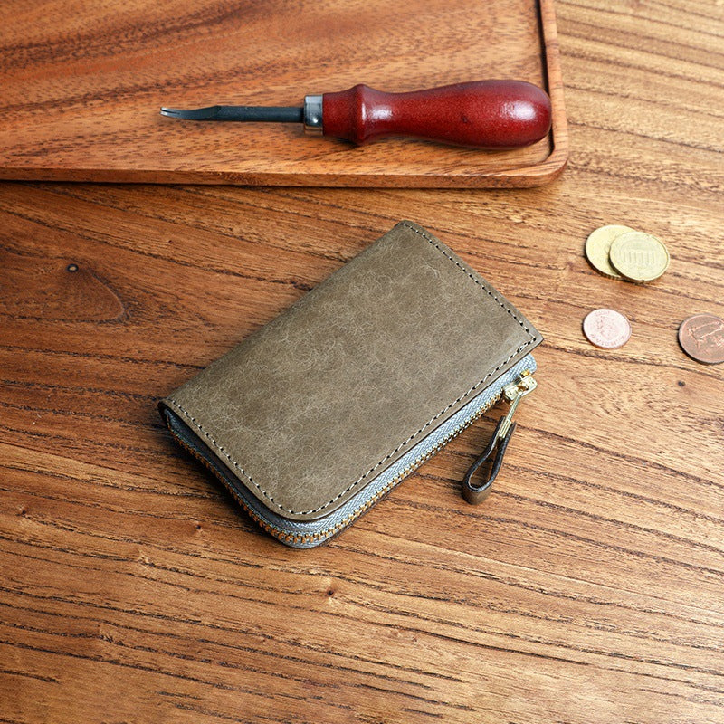 Frosted Short Zipper First Layer Cowhide Genuine Leather Men's Wallet
