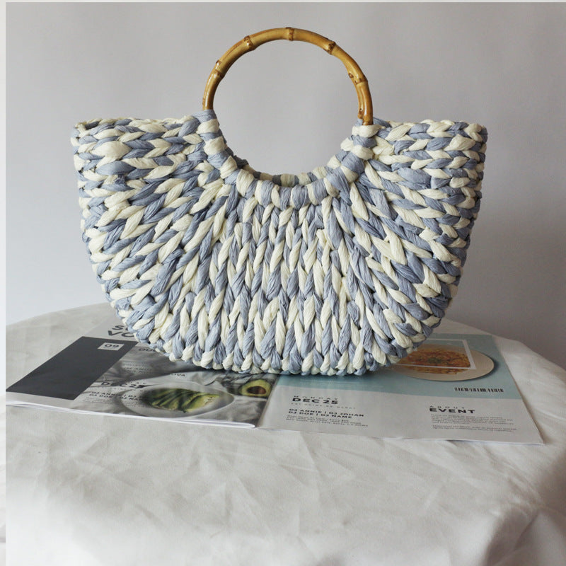 Bamboo Blue White Straw Woven Round Women's Handbag