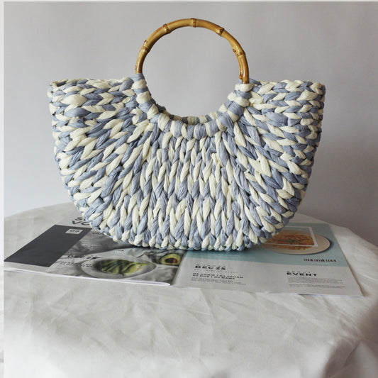 Bamboo Blue White Straw Woven Round Women's Handbag
