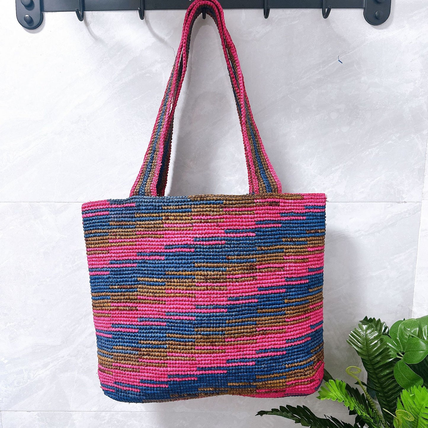 Women's Raffia Striped Color Matching Woven Commuter Hand Crocheting Bags