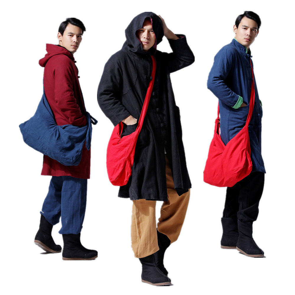Linen Cloth Solid Color Zipper Hobo Men's Shoulder Bag