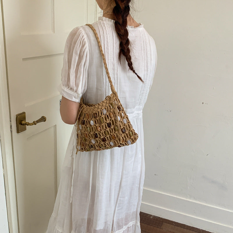 Handmade Wax Rope Woven Portable Beaded Women's Shoulder Bag