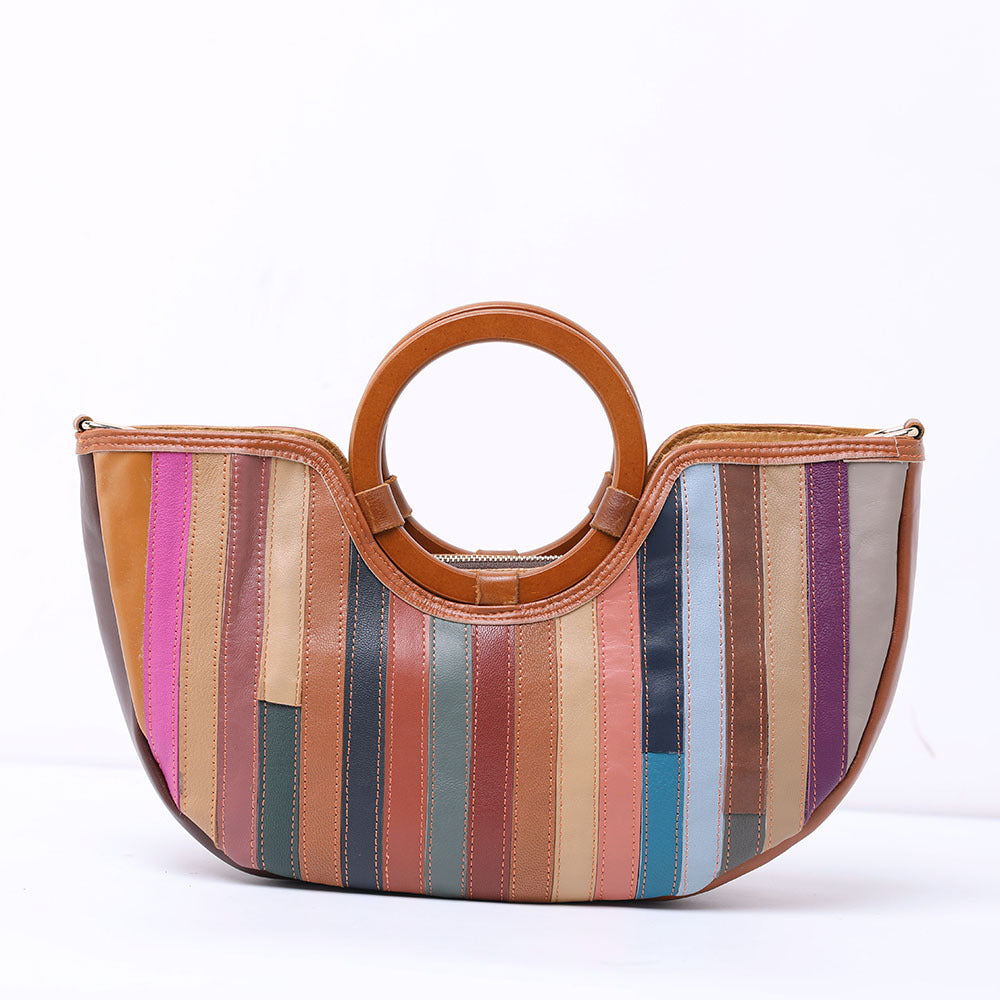 Women's Handmade Geometric Pattern Stitching Genuine Leather Cowhide Ethnic Style Bohemian Small Square Bag