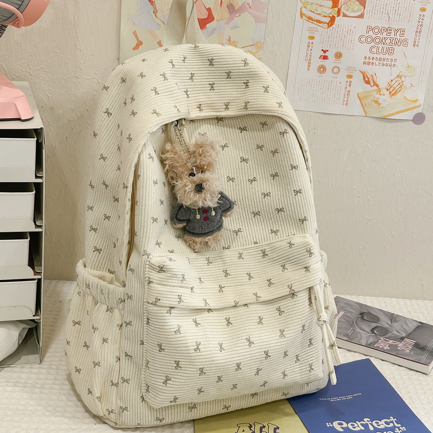 Corduroy Bowknot Large Capacity Female For College Student Schoolbag