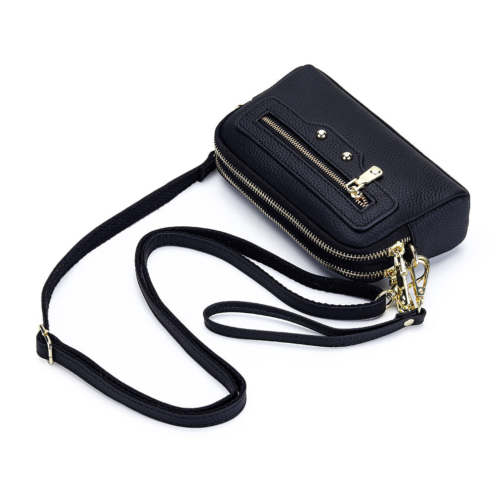 Women's Motorcycle Layer Cowhide Double Zipper Multifunctional Women's Messenger Bag
