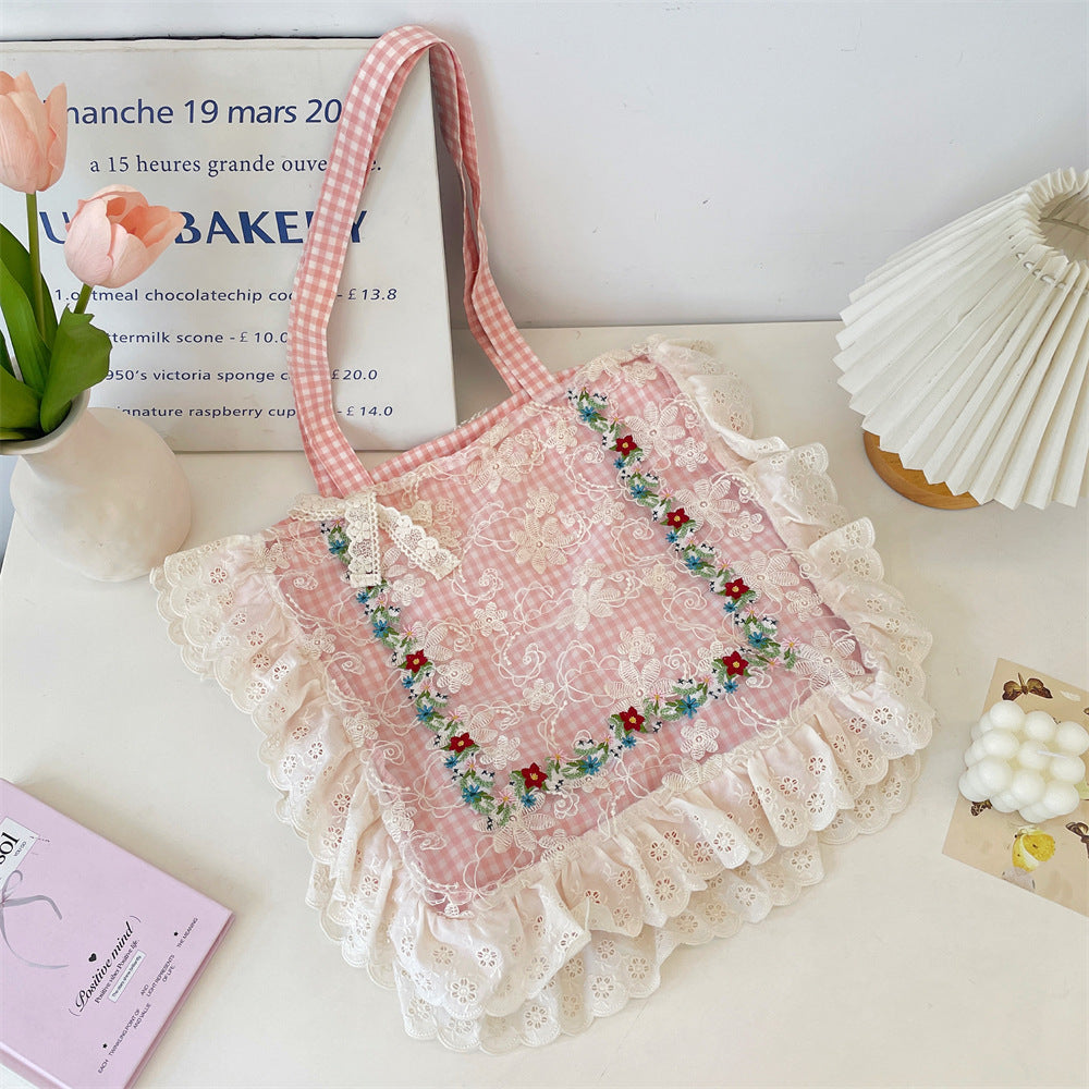 Women's Mori Pastoral Style Plaid Embroidered Lace Large Bags