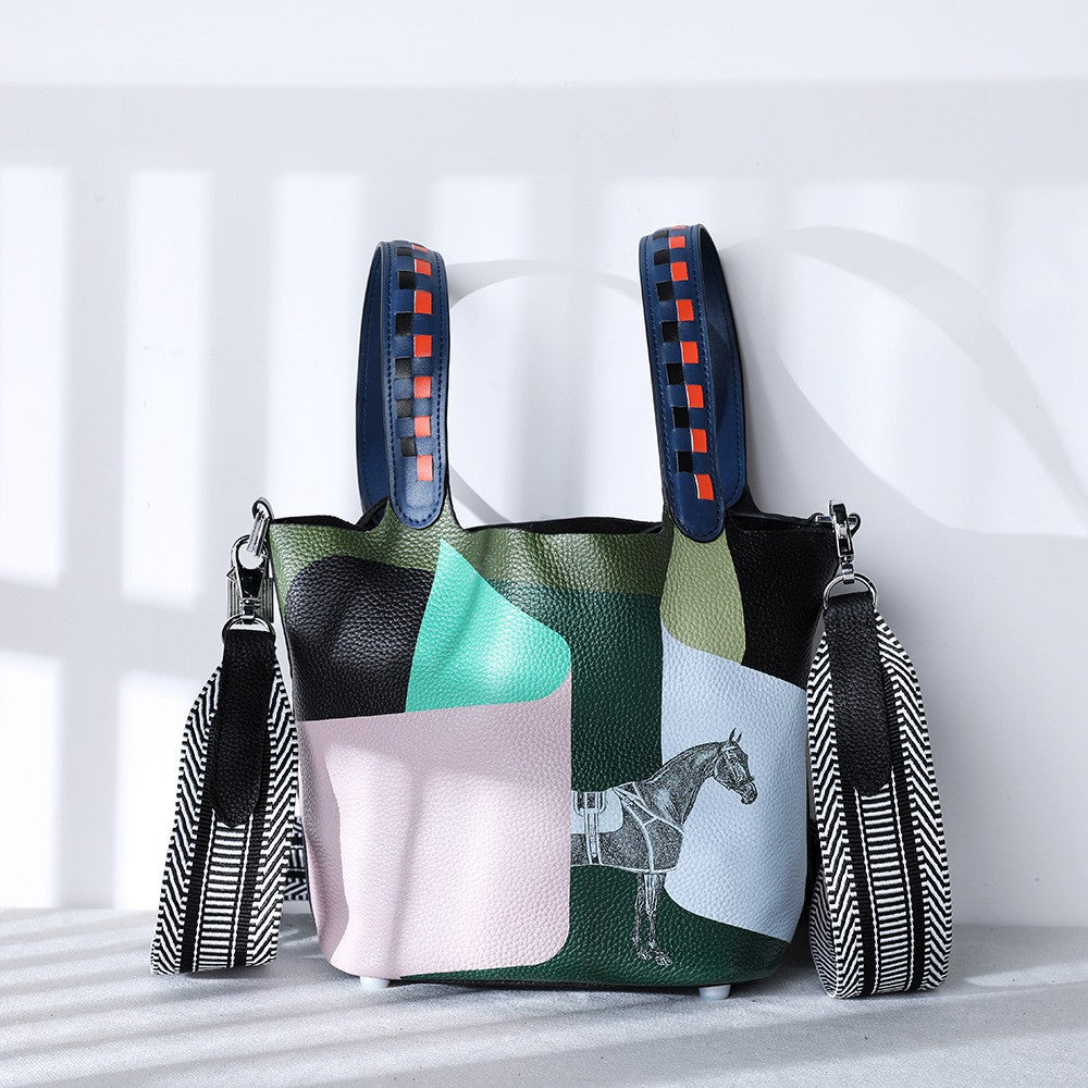 Women's First Layer Cowhide Painted Vegetable Basket Portable Genuine Bags