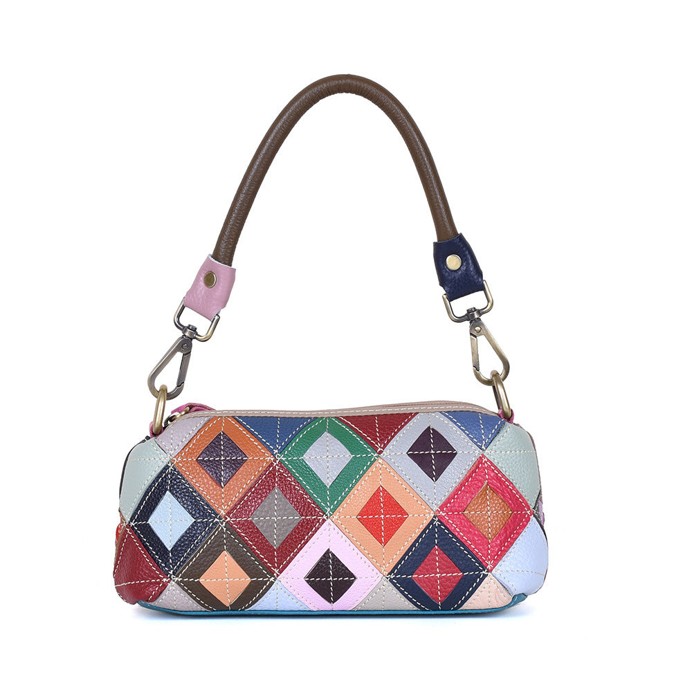 Women's Fashion Cattle Leather Color Plaid Stitching Underarm Portable Bags
