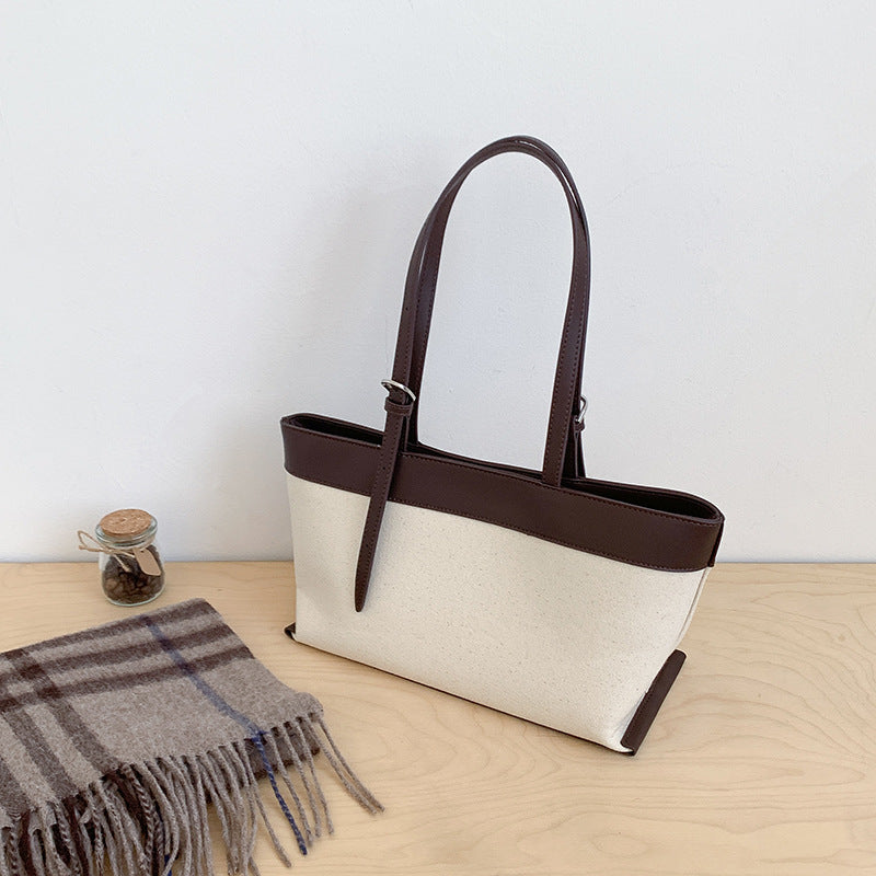 Women's Niche Canvas Stitching Contrast Color Commute Large Women's Shoulder Bag