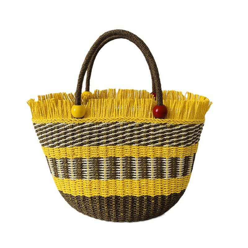 Vacation Style Beach Vegetable Basket Portable Wooden Bead Straw Twill Women's Handbag