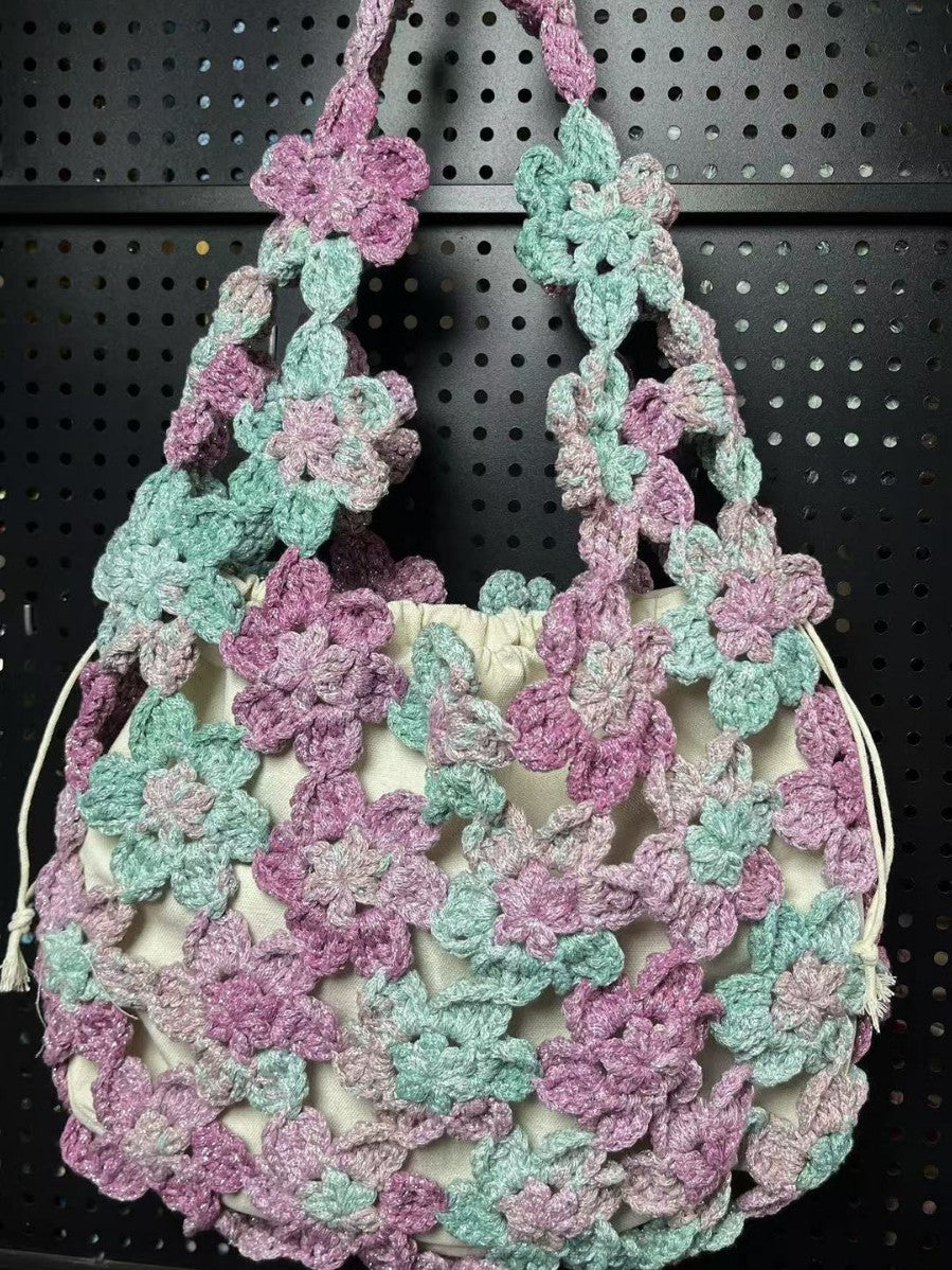 Spring Flower Stitching Hollow Wool Hand-woven Finished For Women's Shoulder Bag