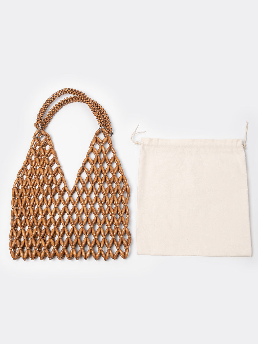 Women's Maple Material Woven Seaside Vacation Beach Wooden Bead Women's Shoulder Bag