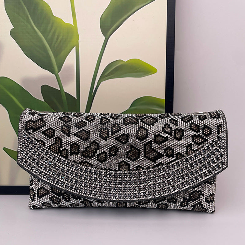 Women's Leopard Print Full Diamond Clutch Banquet Shoulder Bags