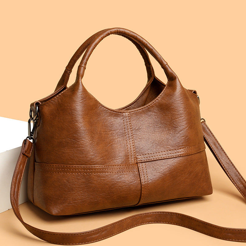 Women's Retro Soft Leather Fashion Stitching Large Tote Bag