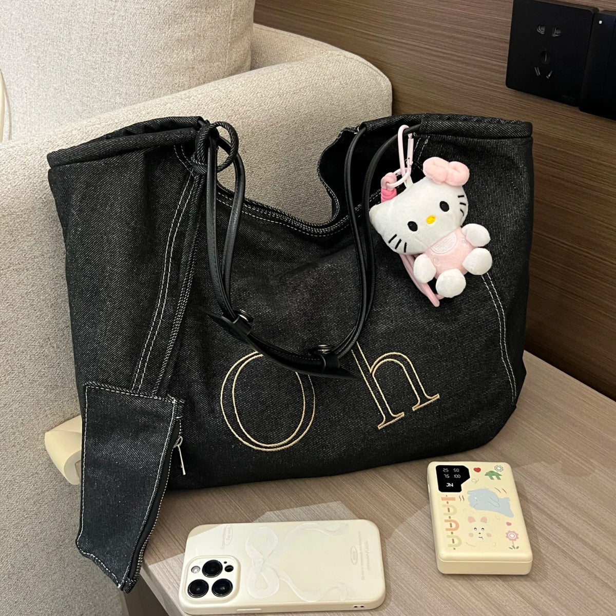 Women's Korean Style Retro Denim Large Capacity Letter Tote Bags