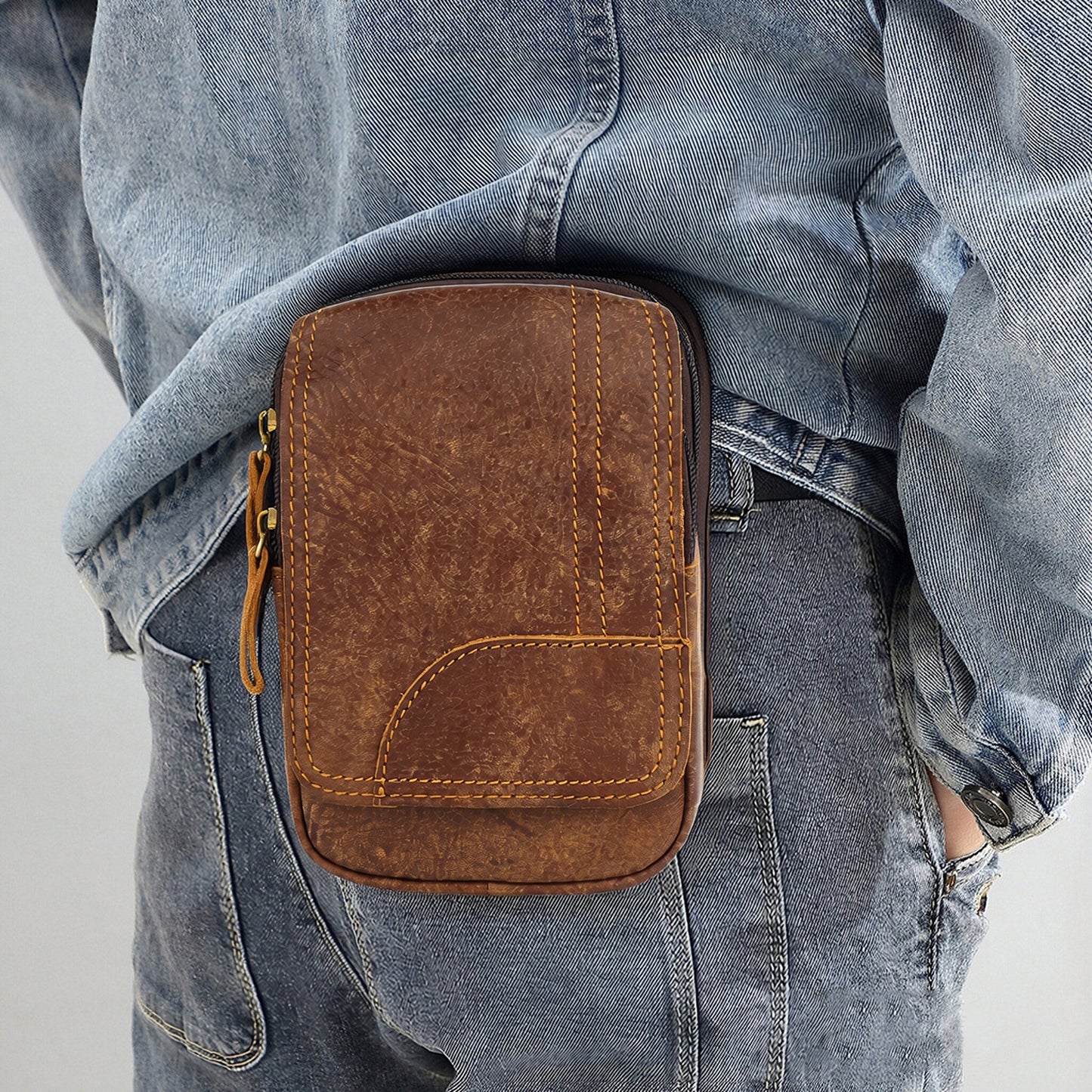 Men's Leather Layer Cowhide Hanging Riding Construction Site Men's Fanny Pack