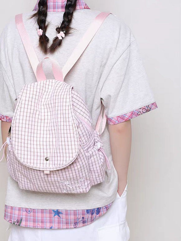 Checked Sweet Female College Plaid Canvas Niche Leisure Backpack