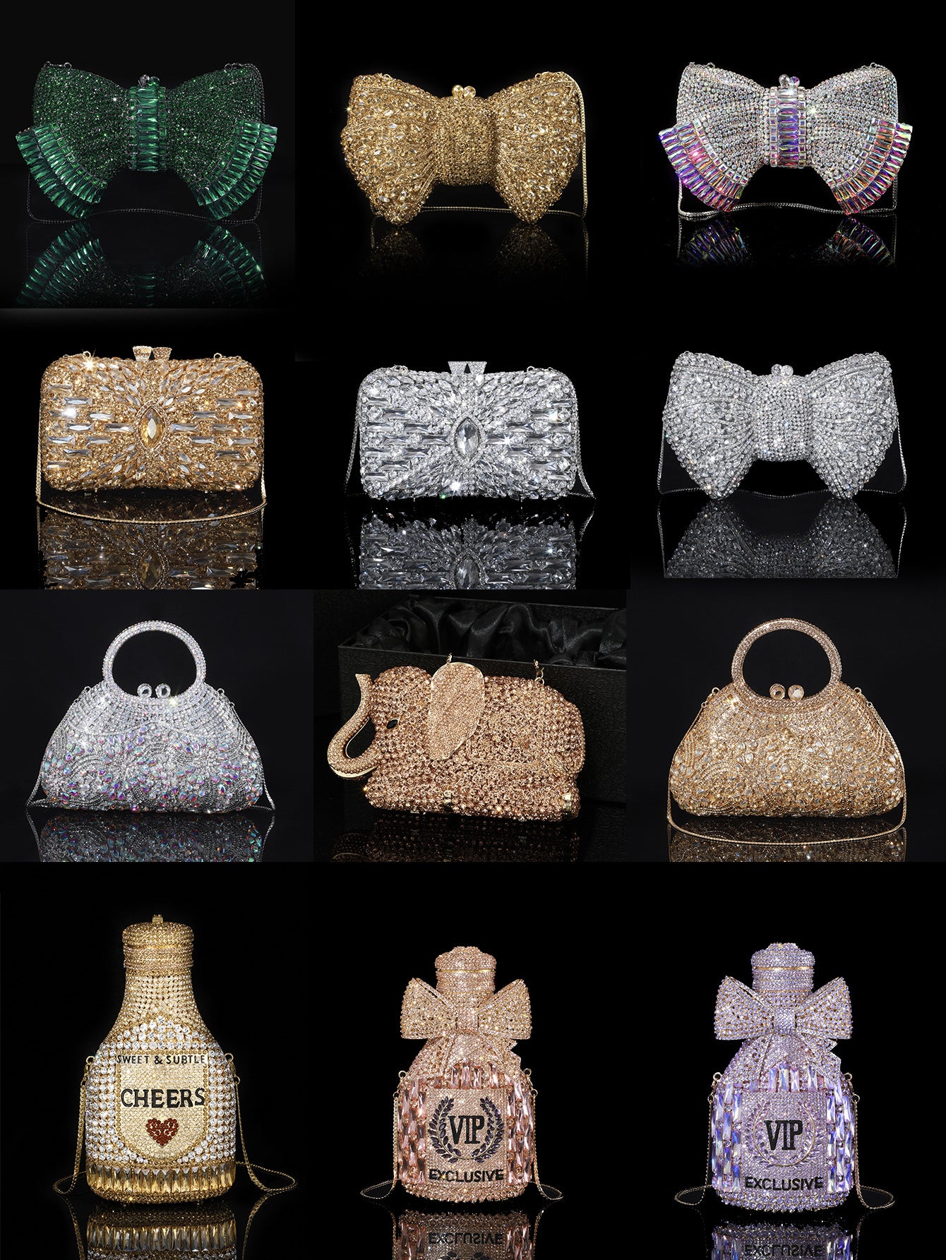 Shiny Champagne Bottle Rhinestone Bow Crystal Chain Bags