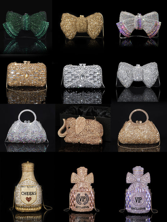 Shiny Champagne Bottle Rhinestone Bow Crystal Chain Bags