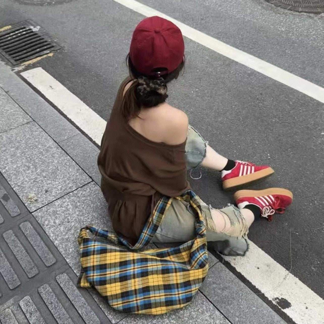 Plaid Contrast Color Pleated Canvas Croissant Female Niche Western Style Bags