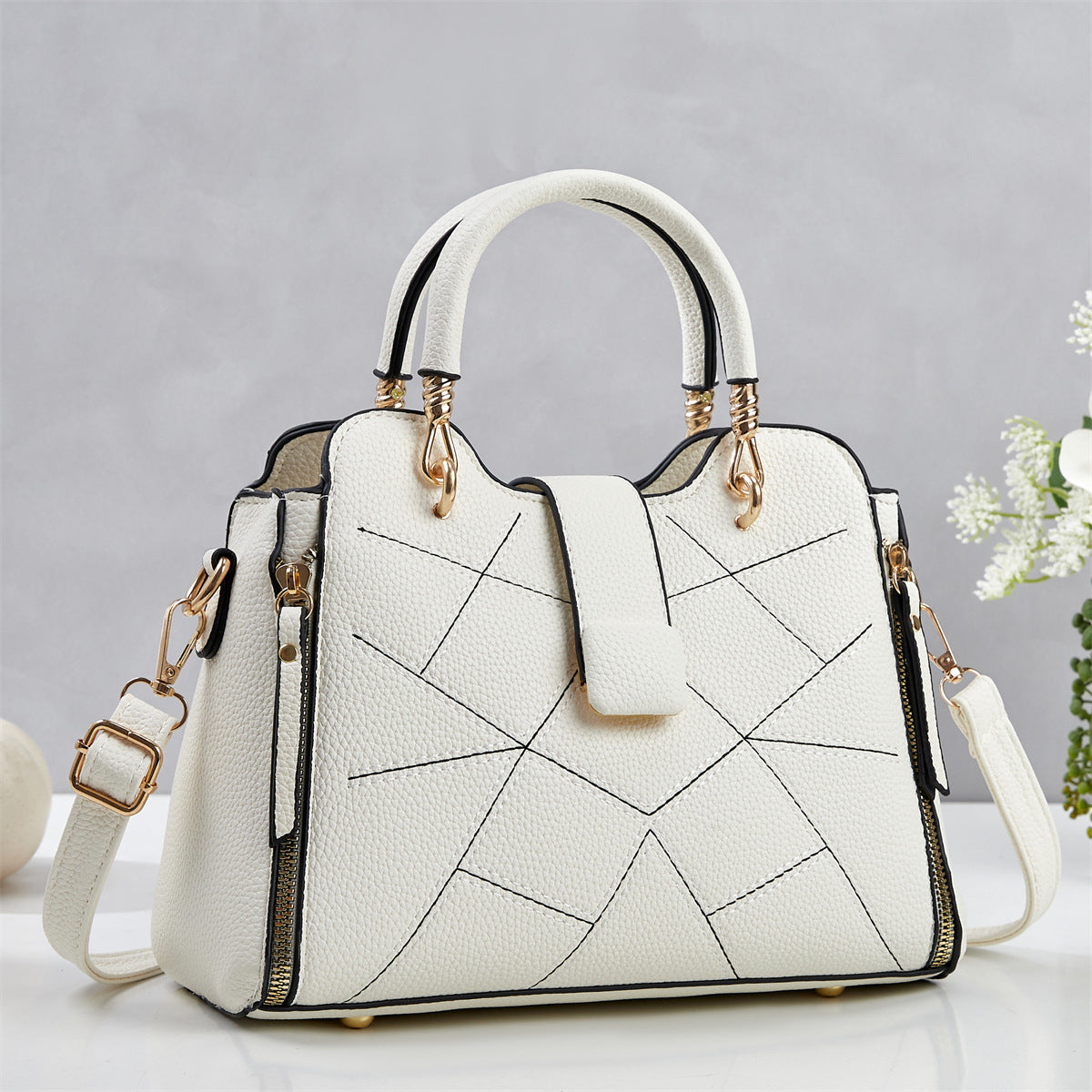 Elegant Mother Geometric Line Pressing Design Litchi Pattern Women's Handbag