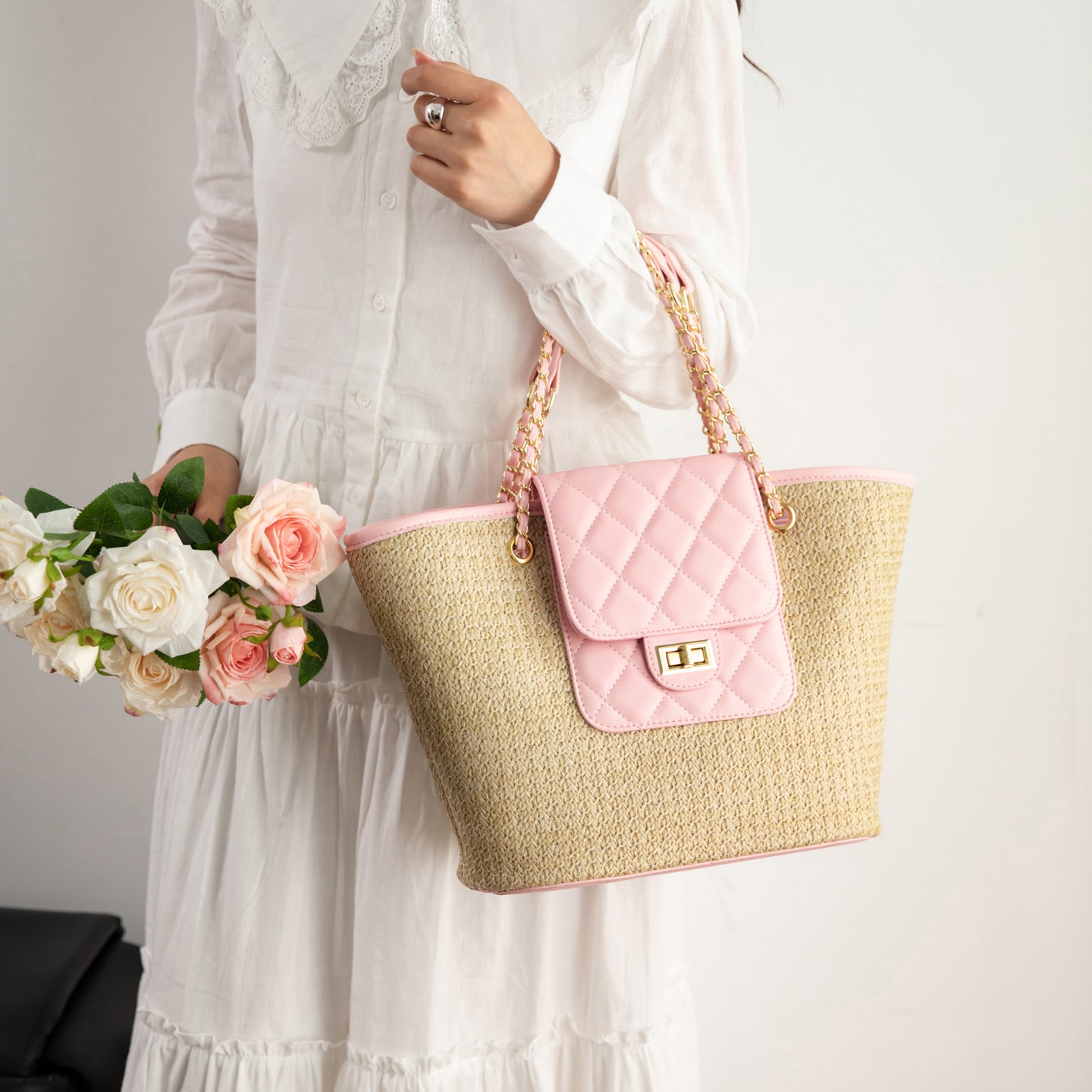 Women's Classic Style Straw Chain Underarm Commuter Shoulder Bags