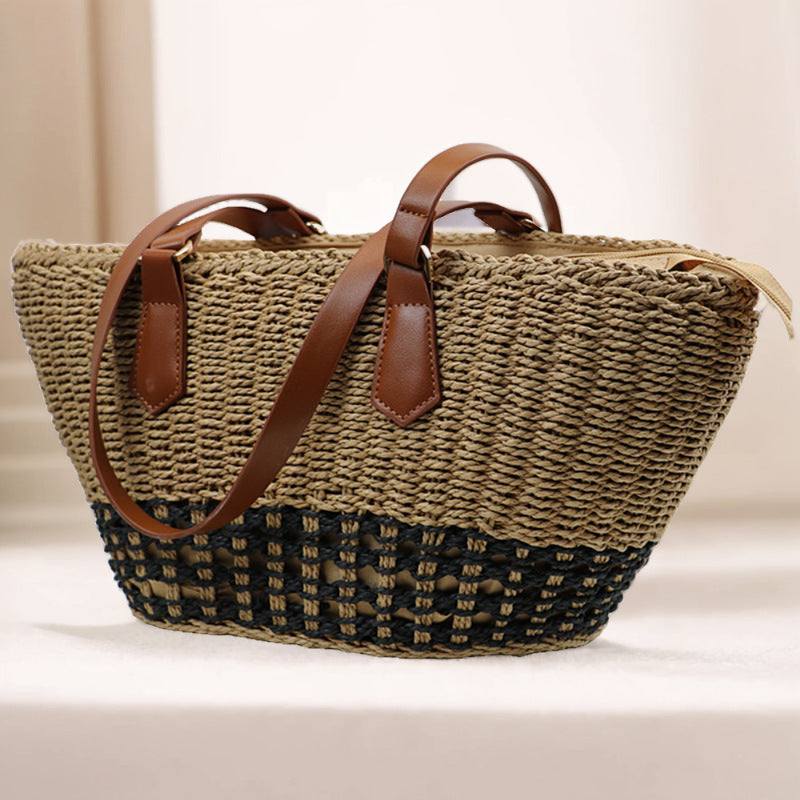 Women's Straw Stitching Large Capacity Beach Woven Women's Shoulder Bag