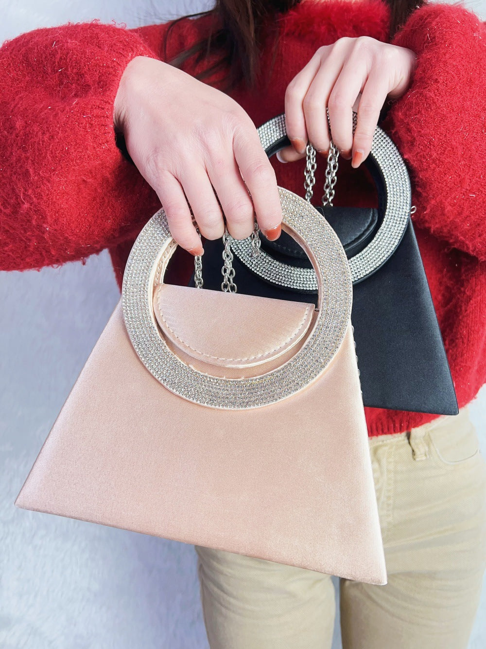 Round Water Diamond Banquet Silk Satin Trapezoidal Hand Dinner Bag
