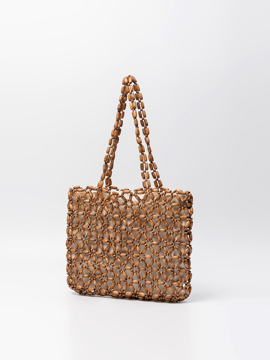 Women's With Wooden Beads Decoration Contrast Color Beaded Handmade Women's Shoulder Bag