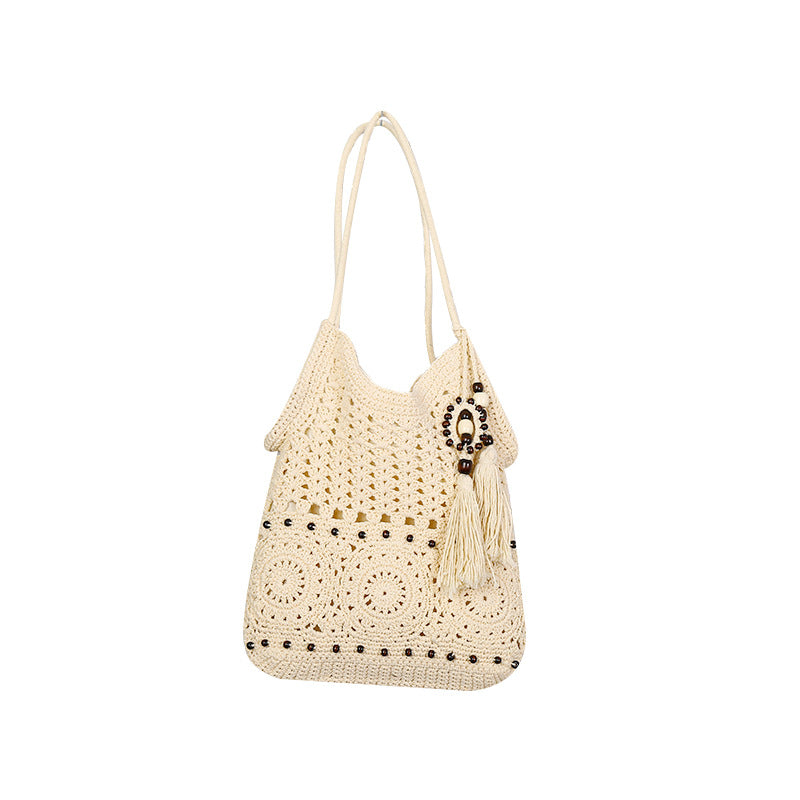 Large Cotton String Woven Tassel Beaded Literary Trends Hollow Vacation Women's Handbag
