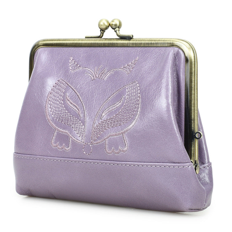Women's Angel First Layer Cowhide Embroidered Leather Iron Hinge Ladies Wallet