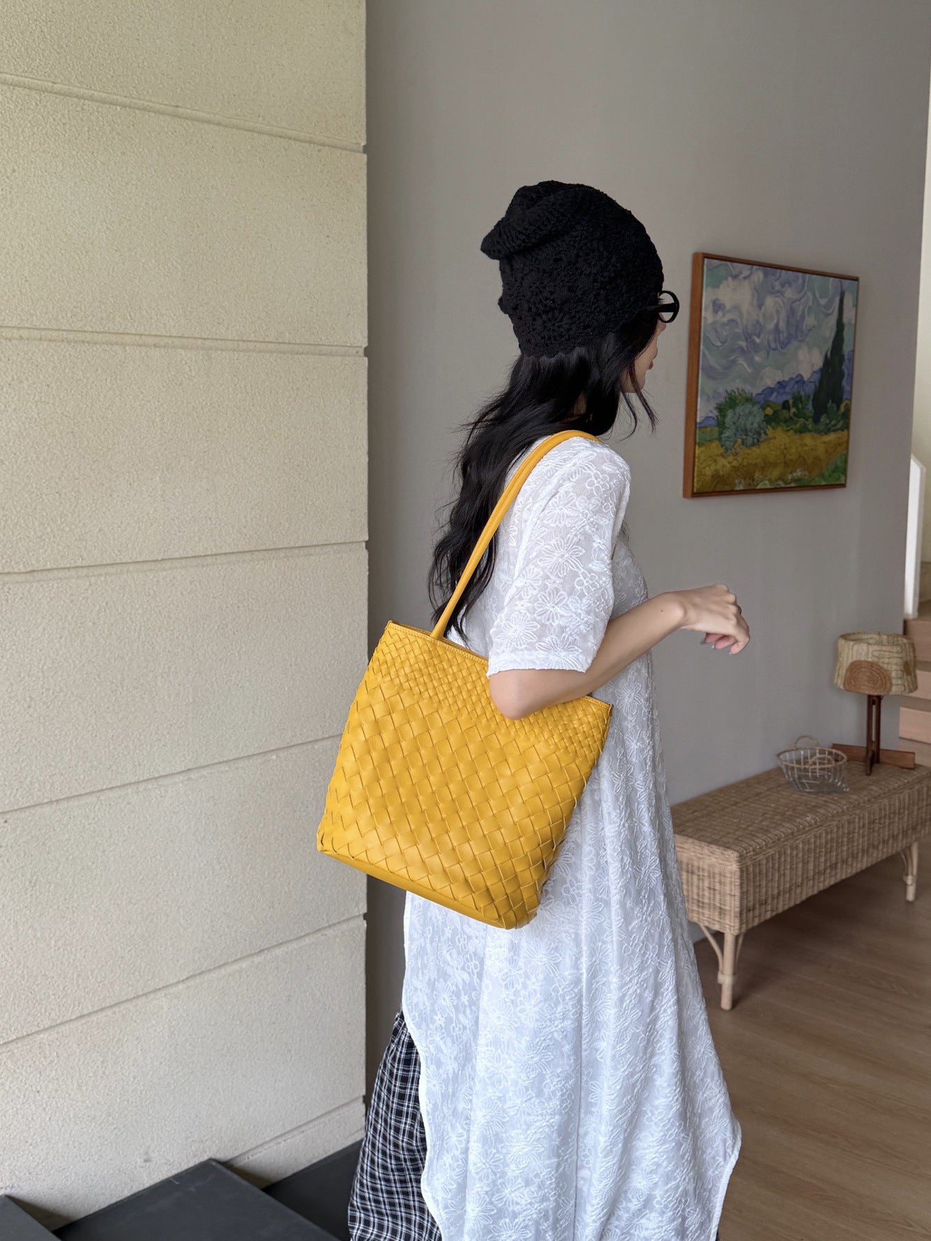 Women's Sheepskin Woven Large Capacity Totes Underarm Bucket Bags