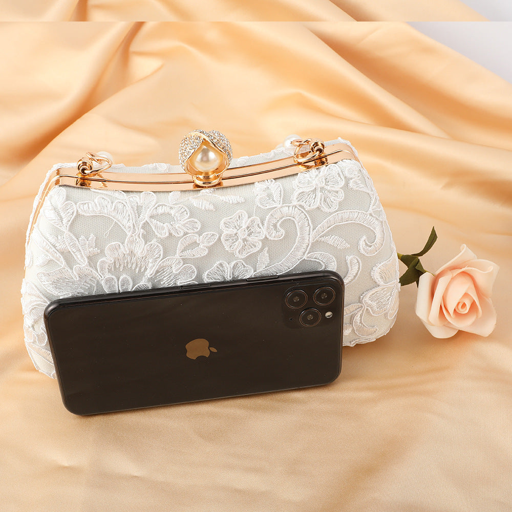 Women's Flower Pure White Sachet Wedding Dress Pearl Dinner Bag
