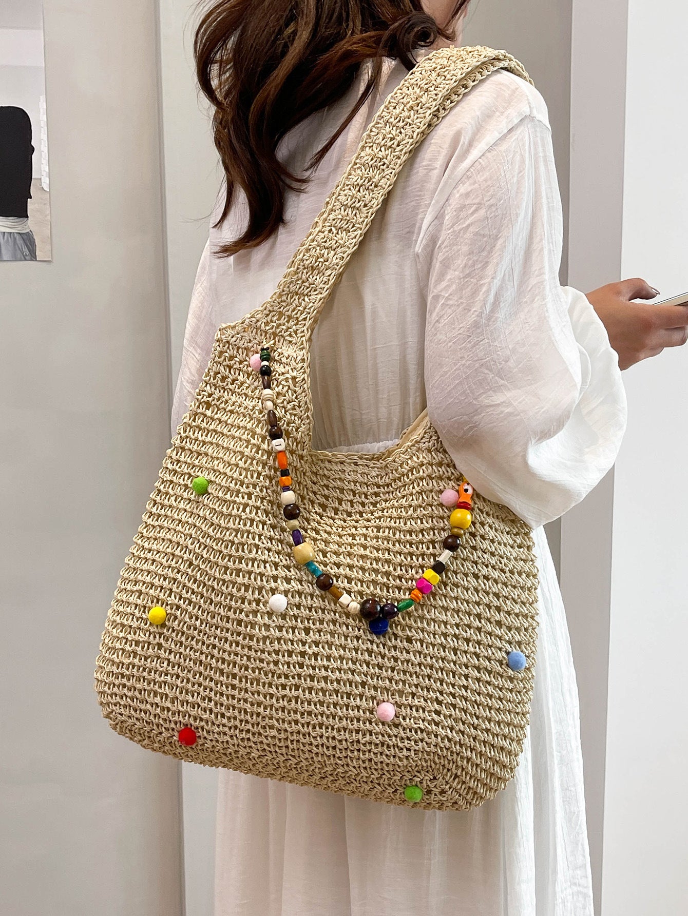 Women's Seaside Holiday Straw Woven Colorful Fur Ball Women's Shoulder Bag