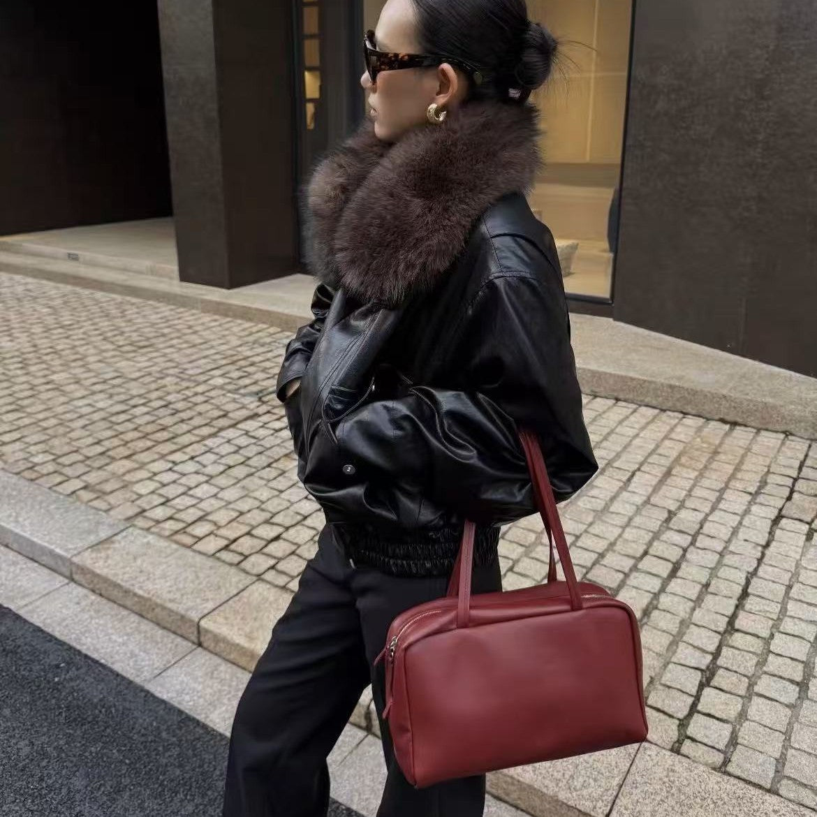 Bowling Style Sheepskin Boston Genuine Leather Shoulder Bags