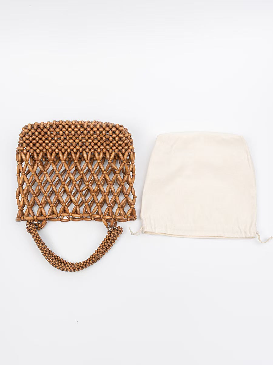 Handmade Wooden Bead Woven Hollow Retro Vacation Style Female Shoulder Bags