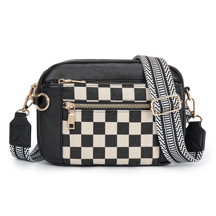 Chessboard Plaid Fashion Retro Double Zipper Women's Shoulder Bag