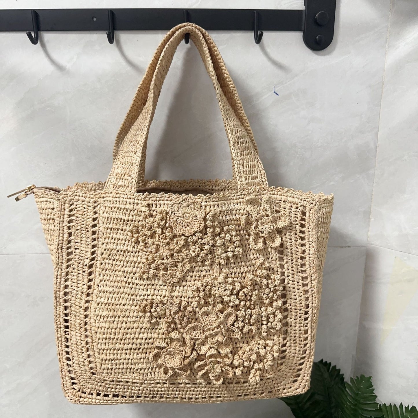 Capacity Hand Crocheting Three-dimensional Flowers Woven Summer Seaside Vacation Retro Tote Bags