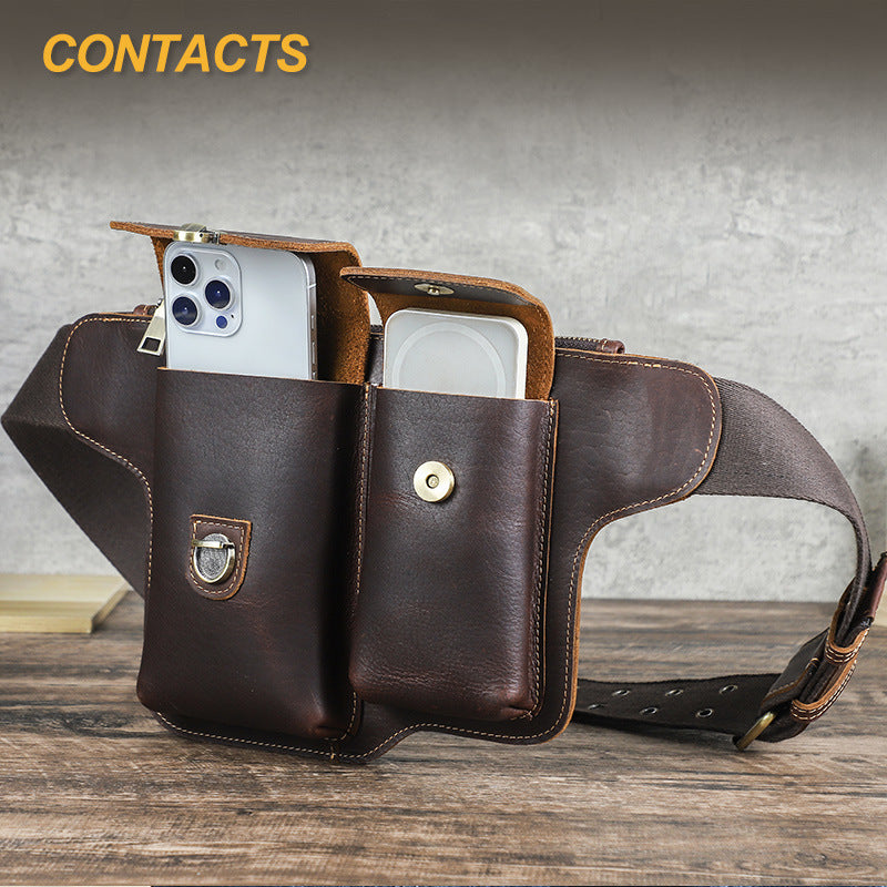 Men's Grain Top Layer Cowhide Big Screen Cell Corns Men's Fanny Pack