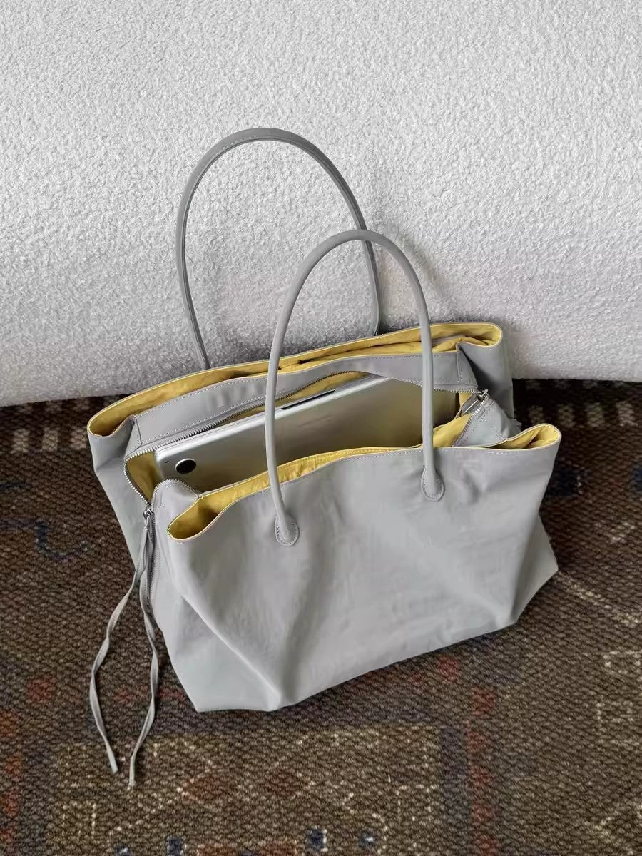 Korean Style Gray Yellow Contrast Color Large Capacity Totes Commute Women's Shoulder Bag