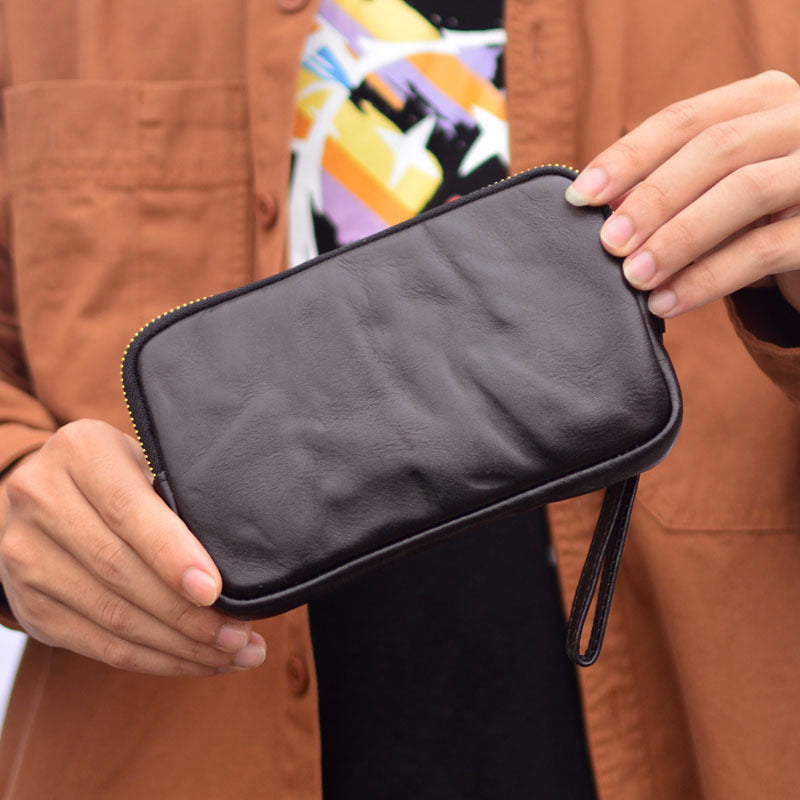 Men's Pleated Long Zipper Leather Multifunction Cattlehide Bags