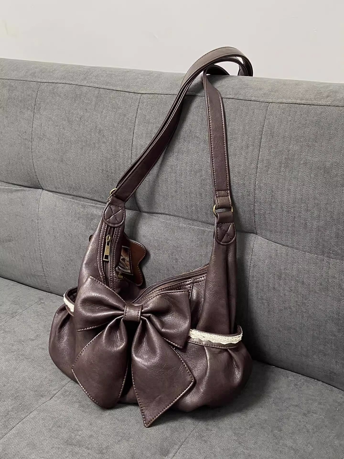 Retro Brown Lace Bow Lightweight Large Women's Messenger Bag